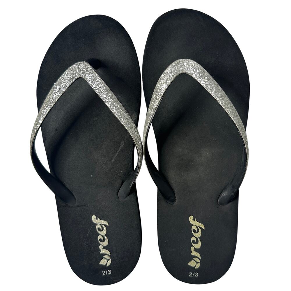Reef Girls Youth 2 3 Black Silver Glitter Flip Flops Beach Pool Summer Sandals